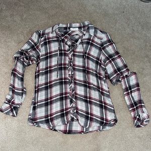 Maurices Plaid lace up front pink gray shirt Small western country long sleeve S